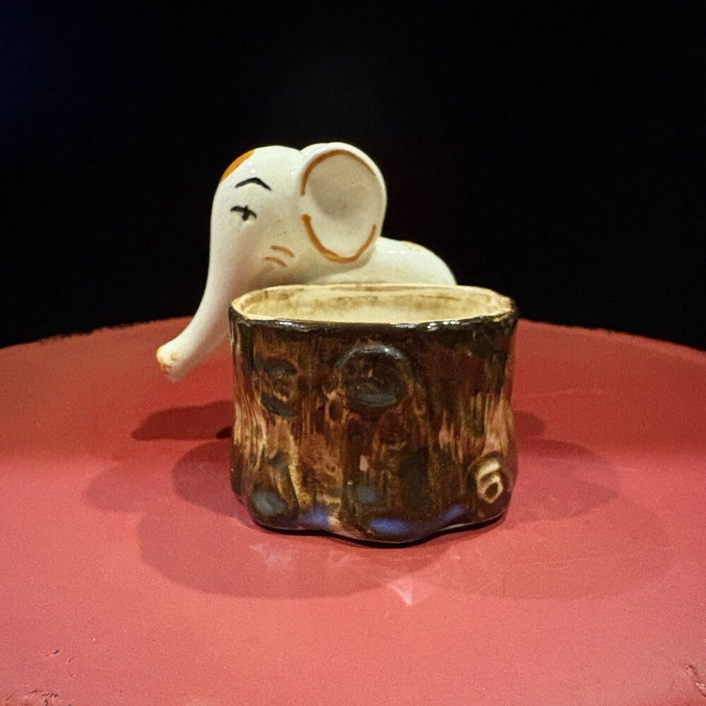 Vintage Miniature Elephant Planter Ceramic Tree Stump Pot Japan Figurine